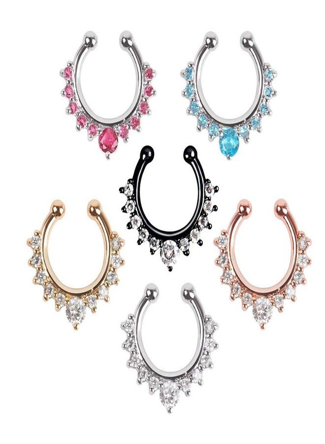 XUKEKOY 6pcs Fake Septum Clicker Nose Ring Rhinestone Non Piercing Hanger Clip Body Jewelry - Image 1
